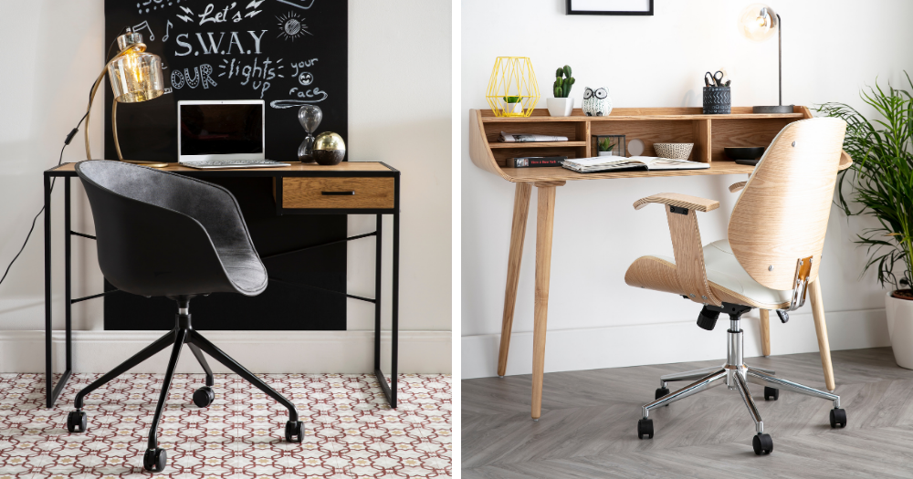 Deux fauteuils de bureau design à roulettes noirs et bois