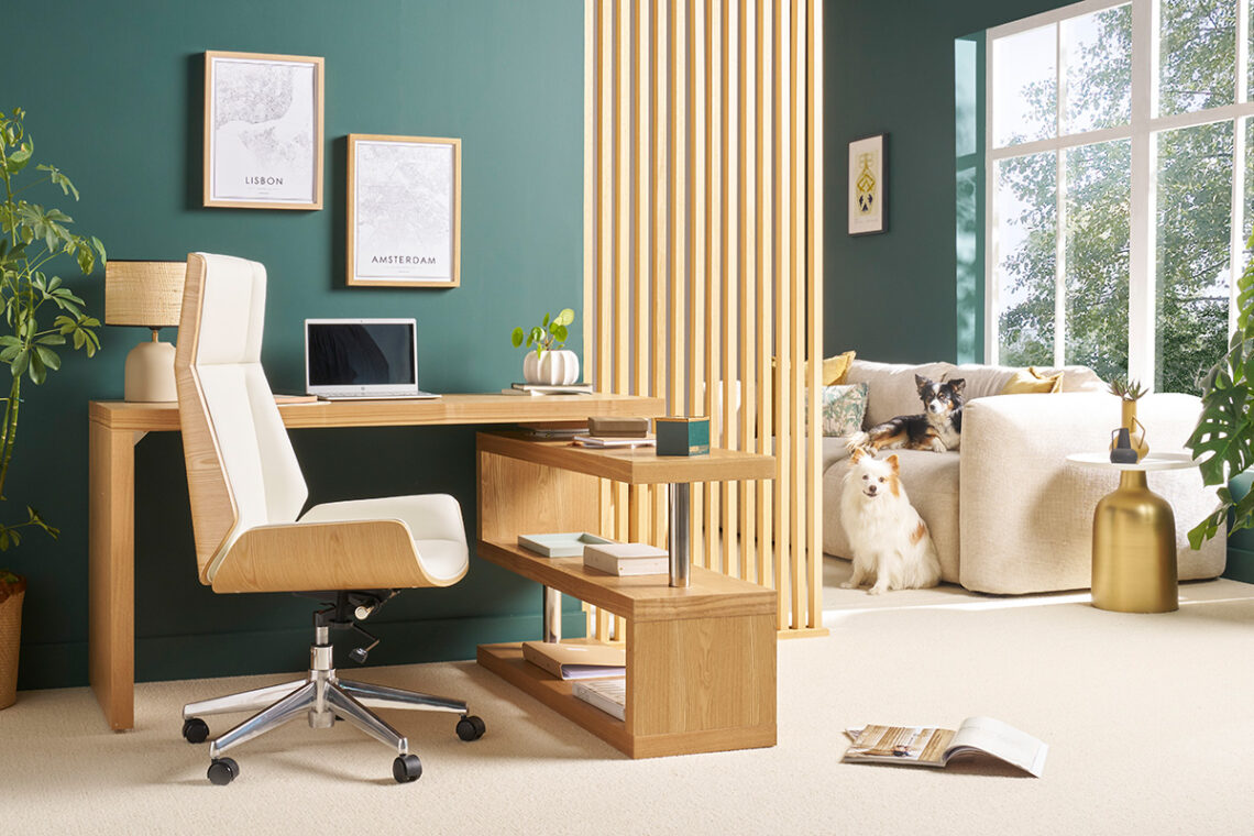 bureau aménagé avec chien sur le canapé