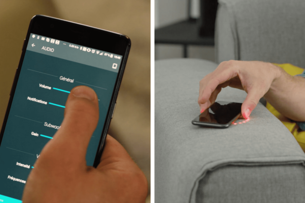 Chargeur à induction dans l'accoudoir du canapé connecté et réglage des paramètre sur téléphone