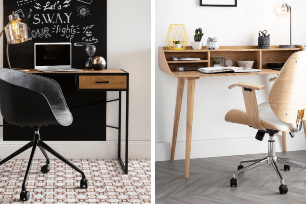 Deux fauteuils de bureau design à roulettes noirs et bois