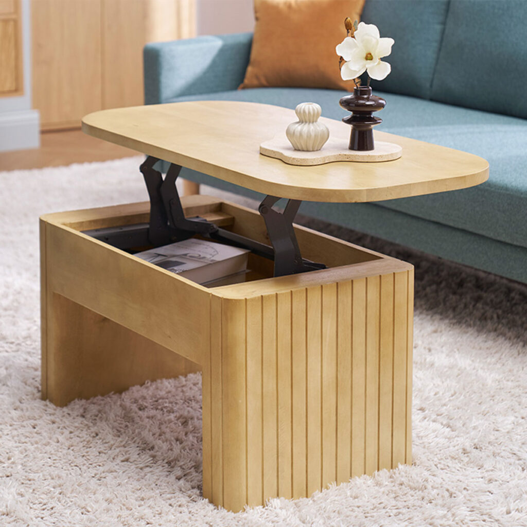 table avec rangement et plateau en bois clair