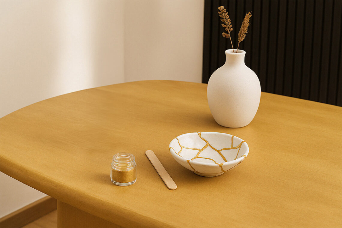 table en bois avec bol blanc réparé