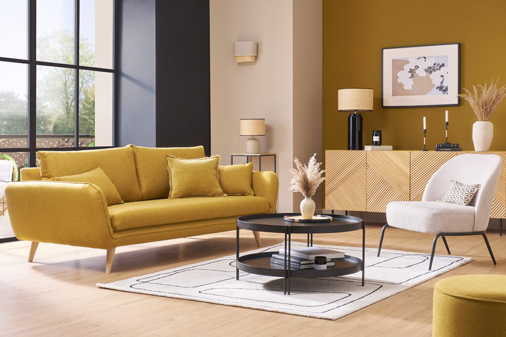 salon industriel scandinave jaune et noir