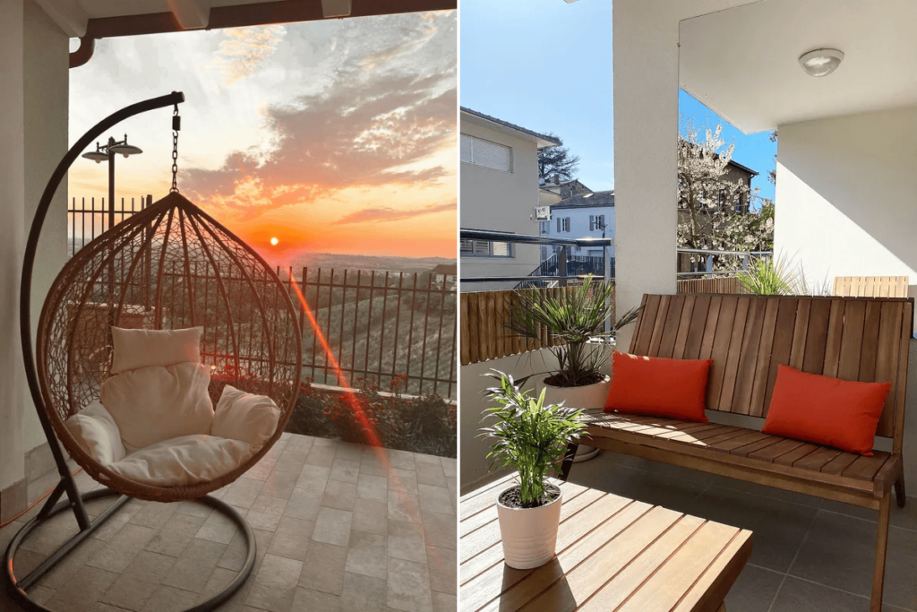 fauteuil suspendu au couché du soleil et banc et table basse en acacia
