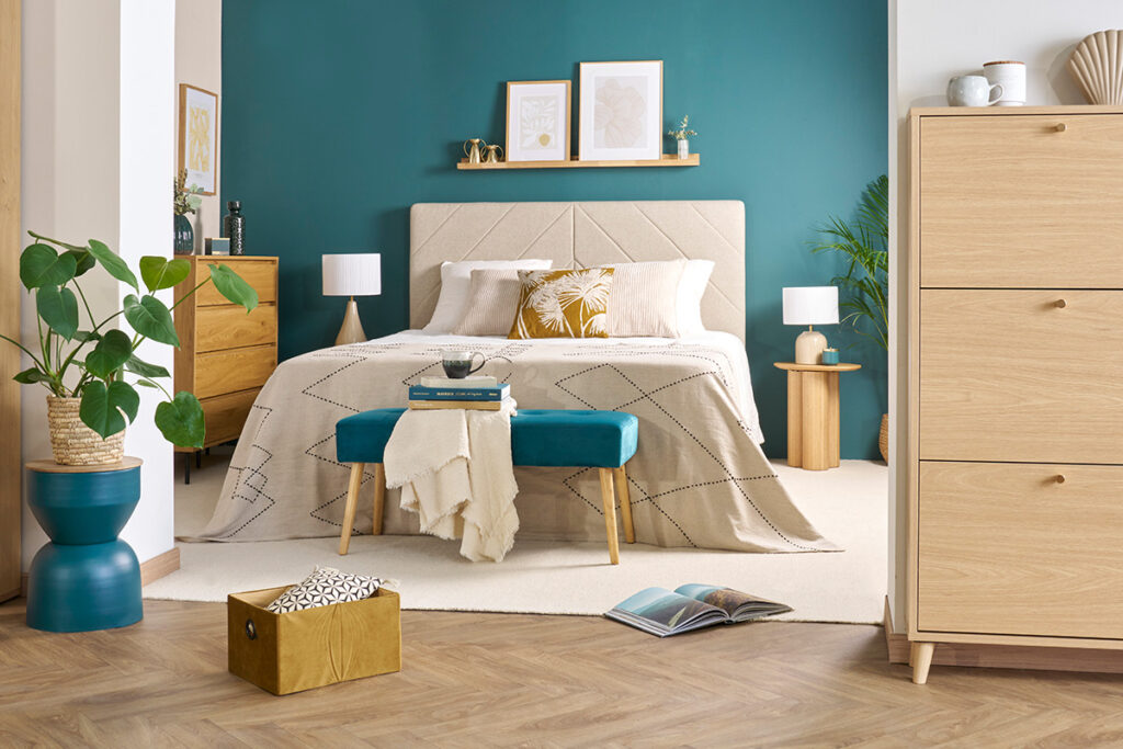 chambre déco bleu et beige