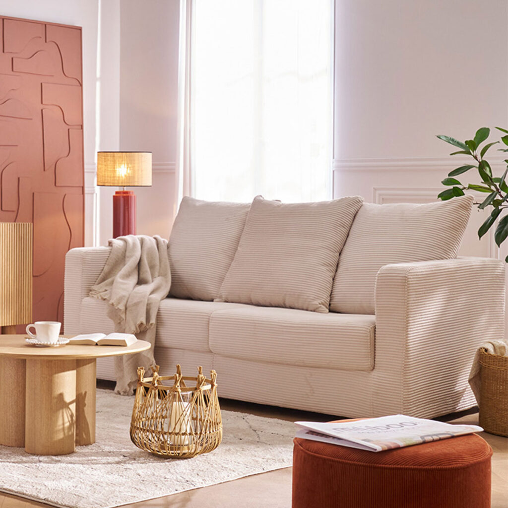 canapé velours côtelé dans salon scandinave