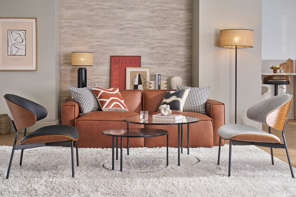 salon avec canapé cuir et fauteuils