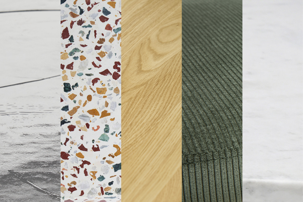 zoom tissu, bois, terrazzo, verre et marbre