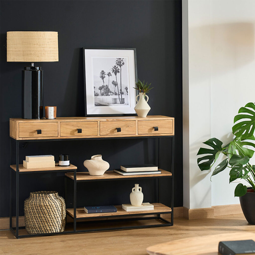 console bois et métal avec tiroirs